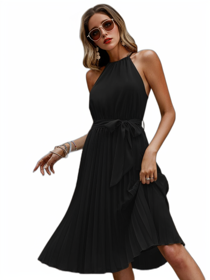 Belted pleated tie back midi dress