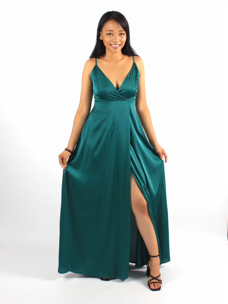 Solid Split Thigh Shoulder Cami Bridesmaid Dress