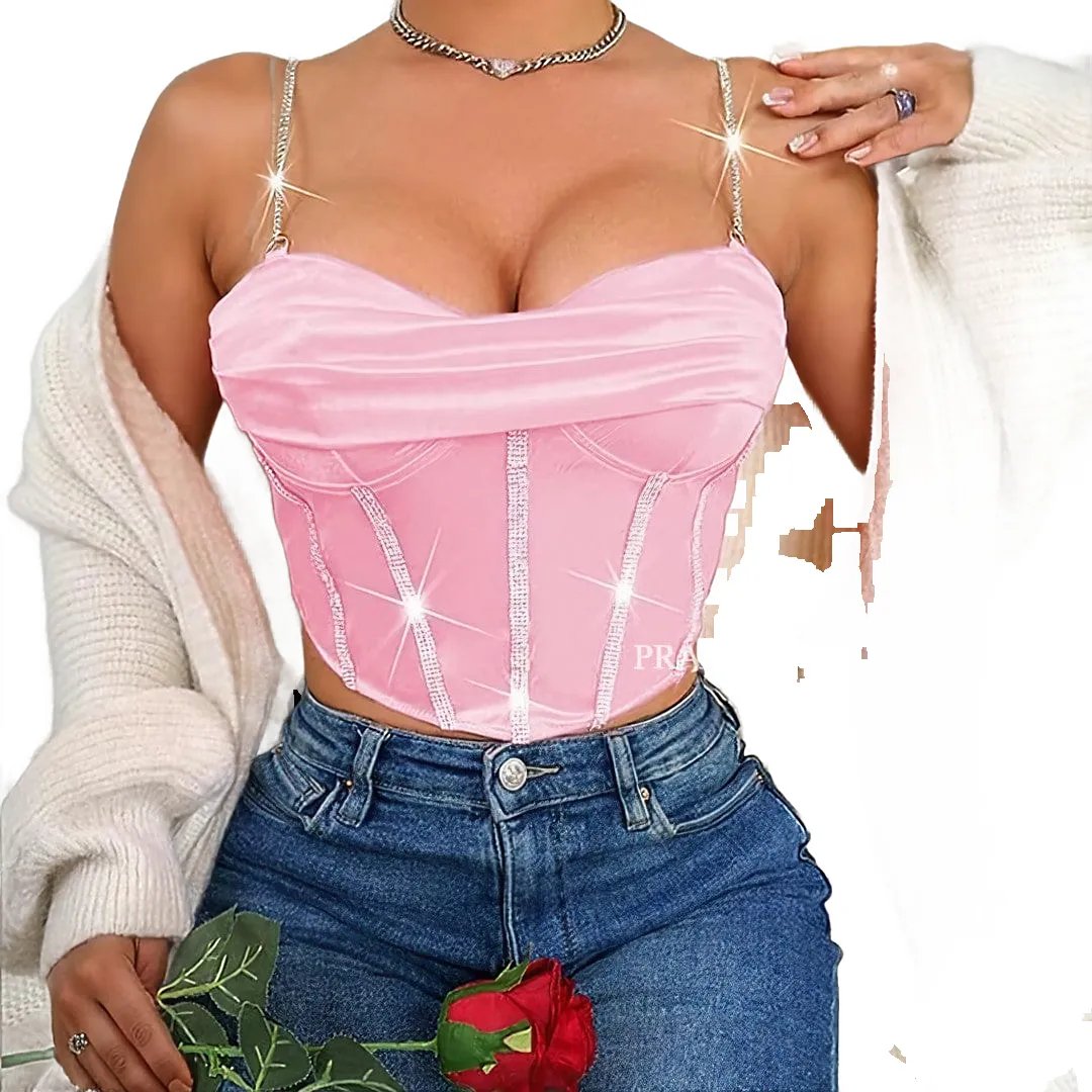 Pleated Low-Neck Rhinestone Corset Top