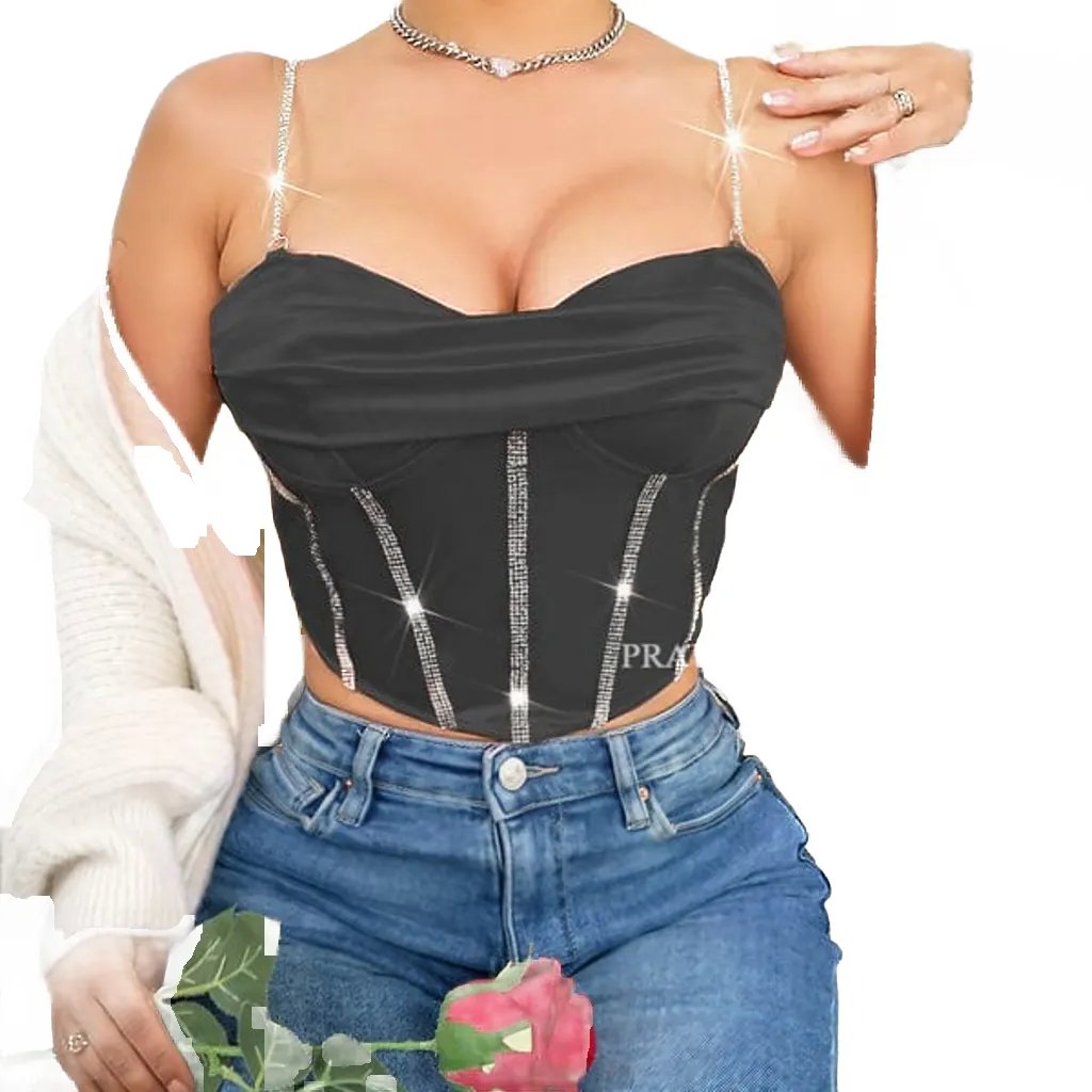 Pleated Low-Neck Rhinestone Corset Top