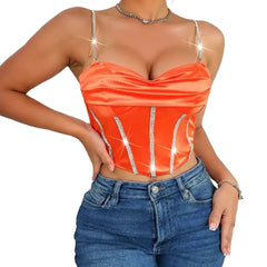 Pleated Low-Neck Rhinestone Corset Top