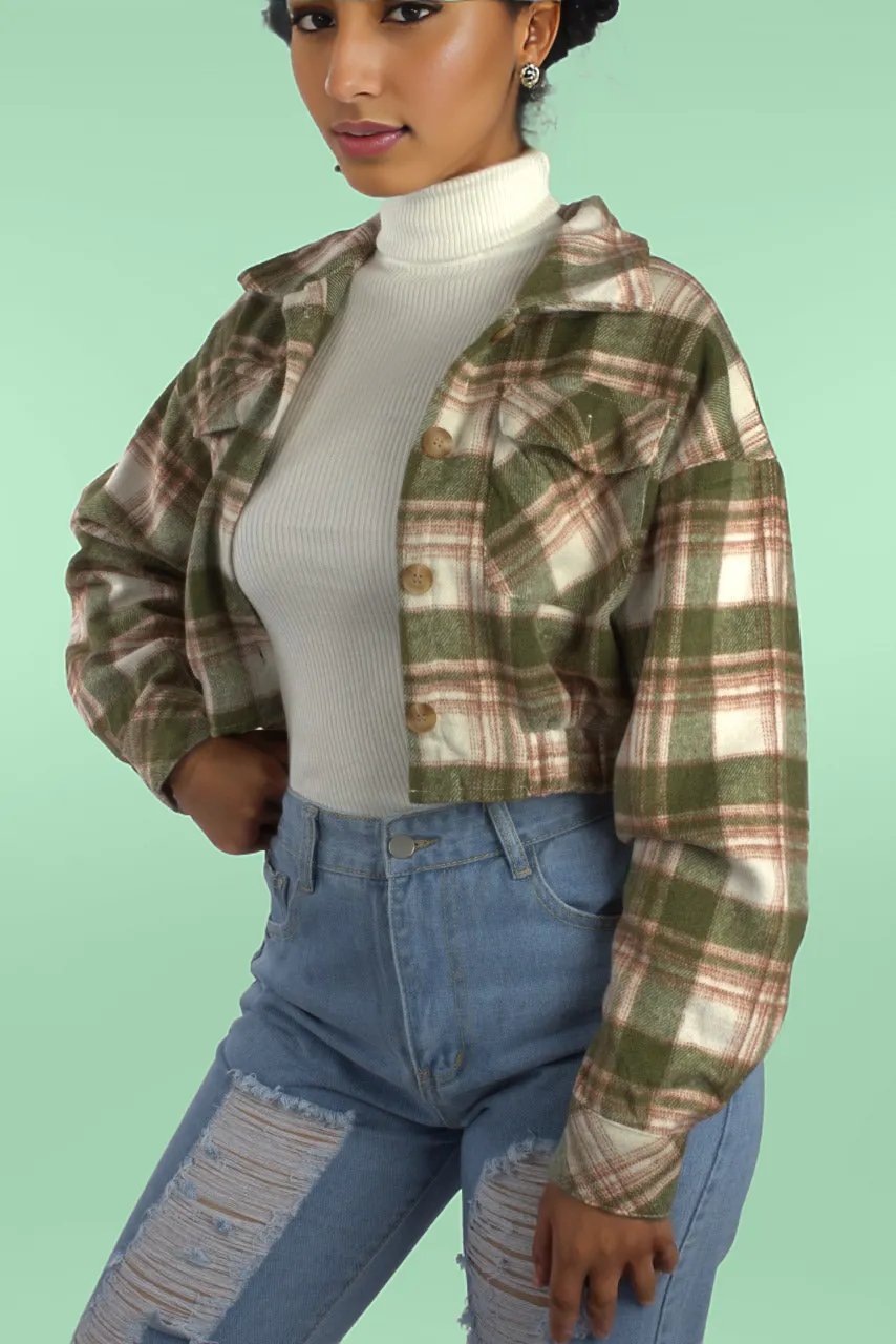 Drop Shoulder Buttoned Plaid Crop Jacket