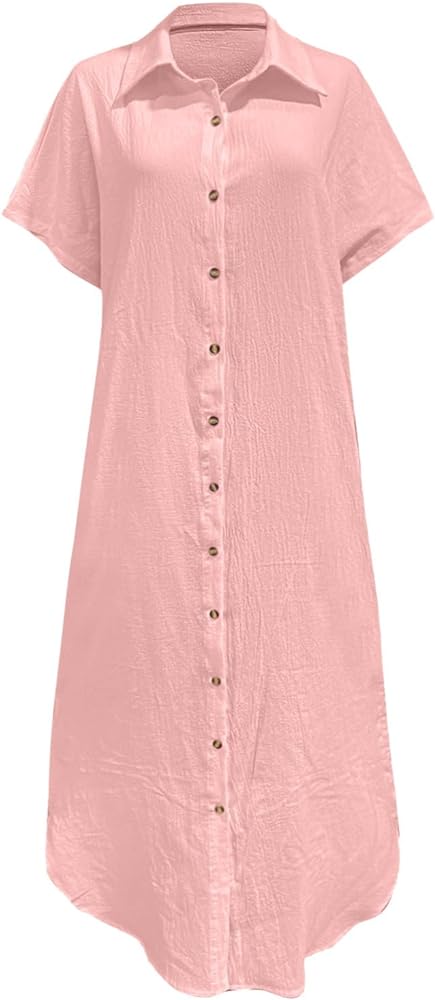 Rolled-Up Short Sleeve Maxi Button Up Shirt Dress