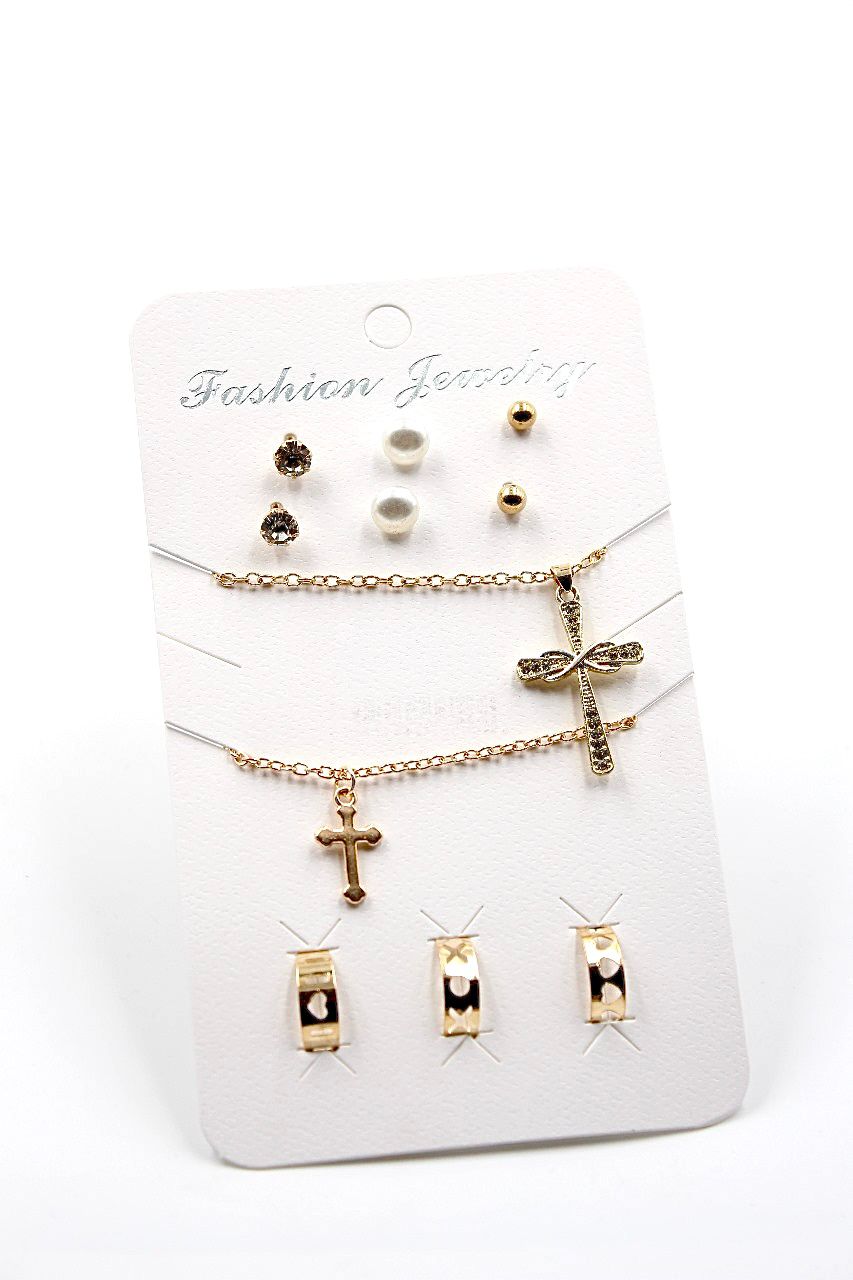 Pendant Necklace Studs Pattern Rings Jewellery Set