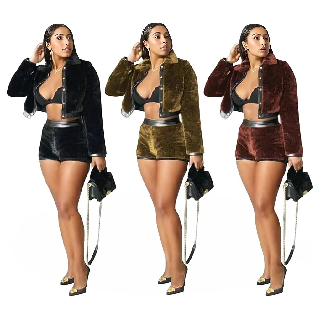 Velvet Leather Two Piece Shorts Jacket Set