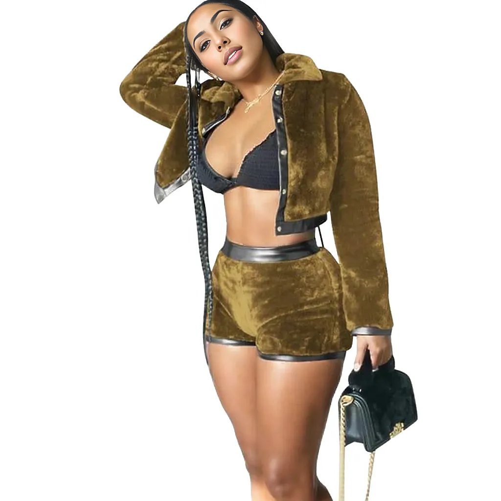 Velvet Leather Two Piece Shorts Jacket Set