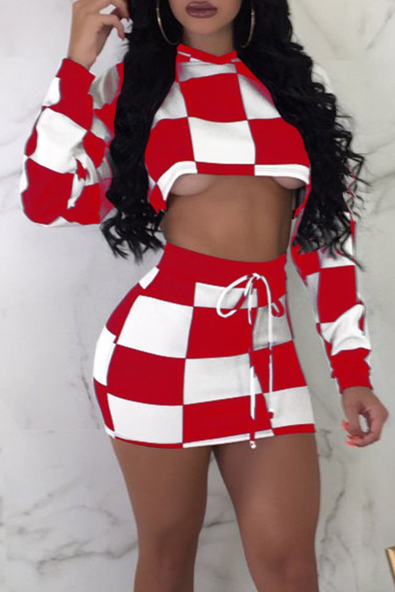 Checker 2pc Mini Skirt and Hooded Crop Top Set
