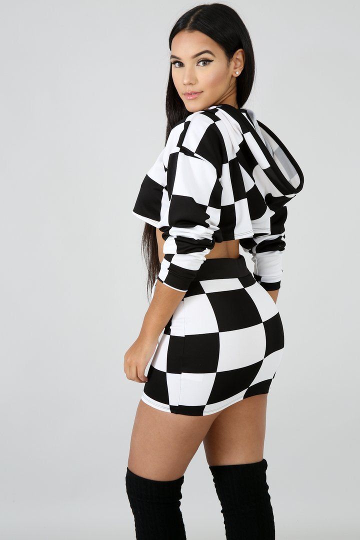 Checker 2pc Mini Skirt and Hooded Crop Top Set