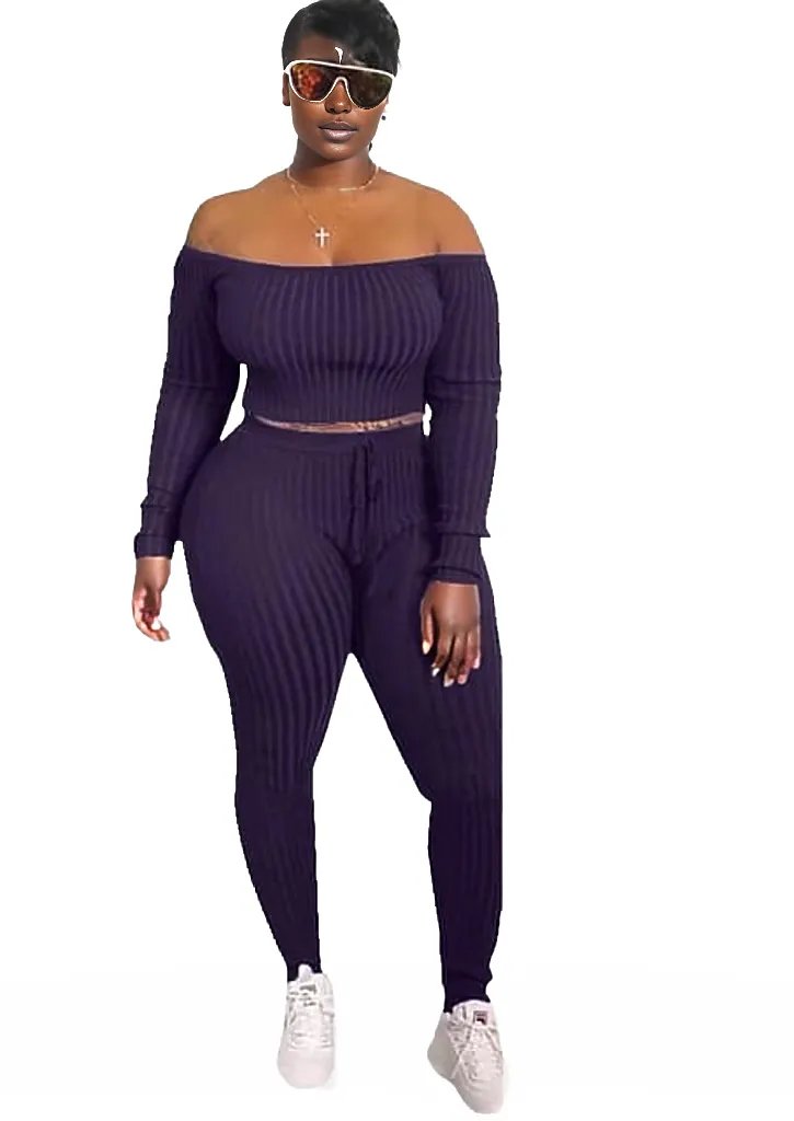 Ribbed Knitted Off Shoulder Crop Top and Leggings Set