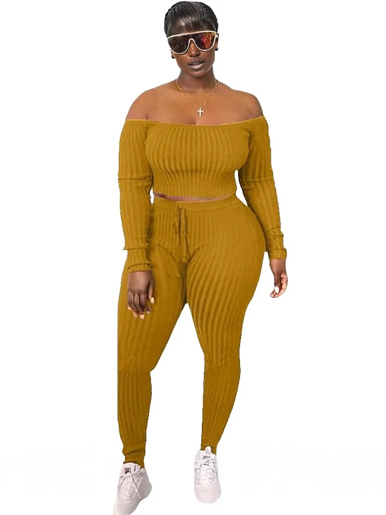 Ribbed Knitted Off Shoulder Crop Top and Leggings Set