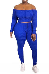 Ribbed Knitted Off Shoulder Crop Top and Leggings Set