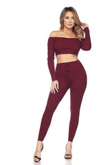 Ribbed Knitted Off Shoulder Crop Top and Leggings Set