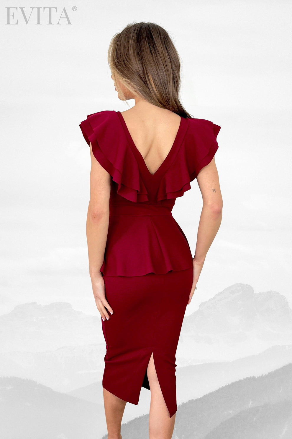 Pencil frill back slit midi dress