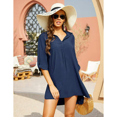 Notched Neck Flounce Sleeve Tunic Dress