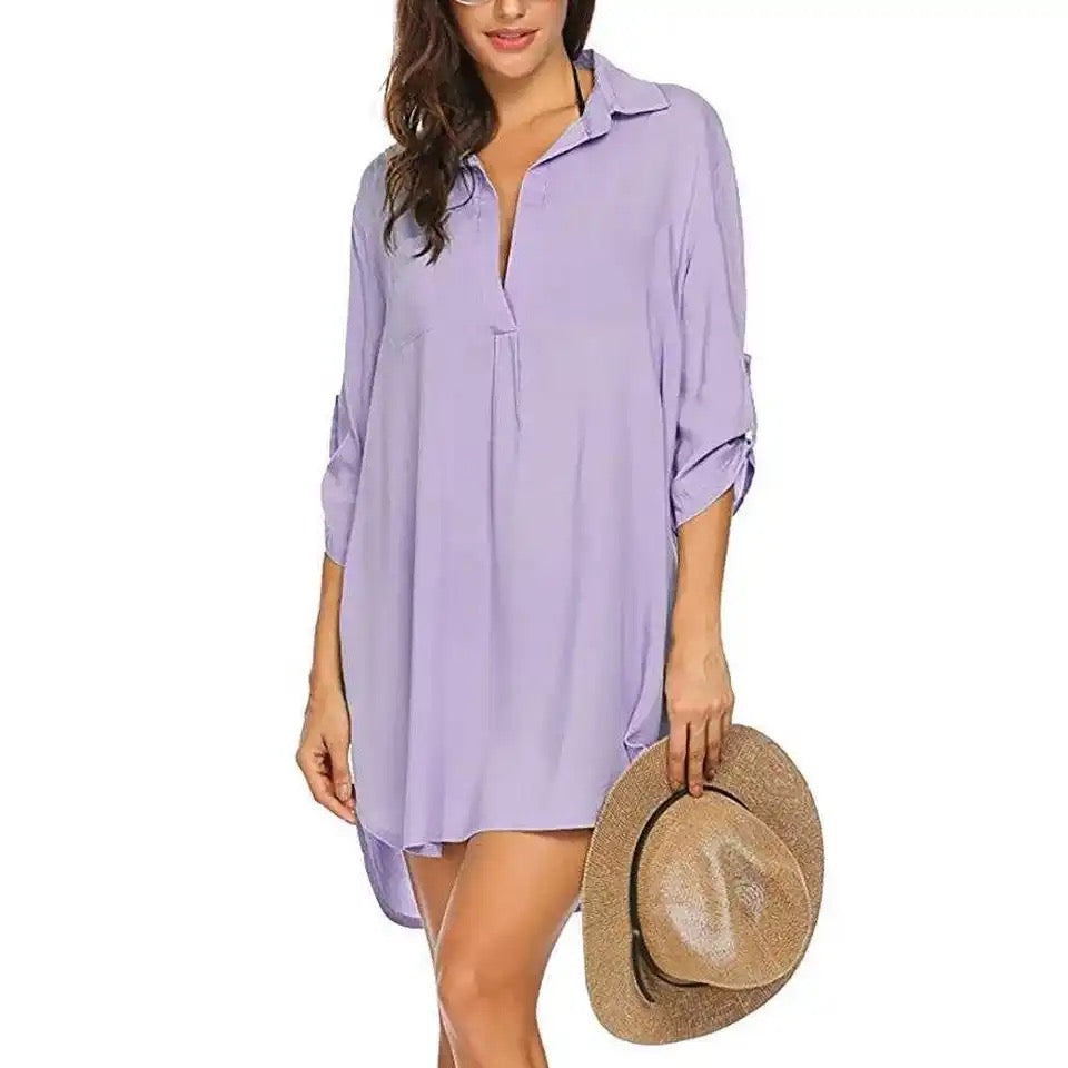 Irregular Chiffon Shirt Dress Three Quarter Sleeve