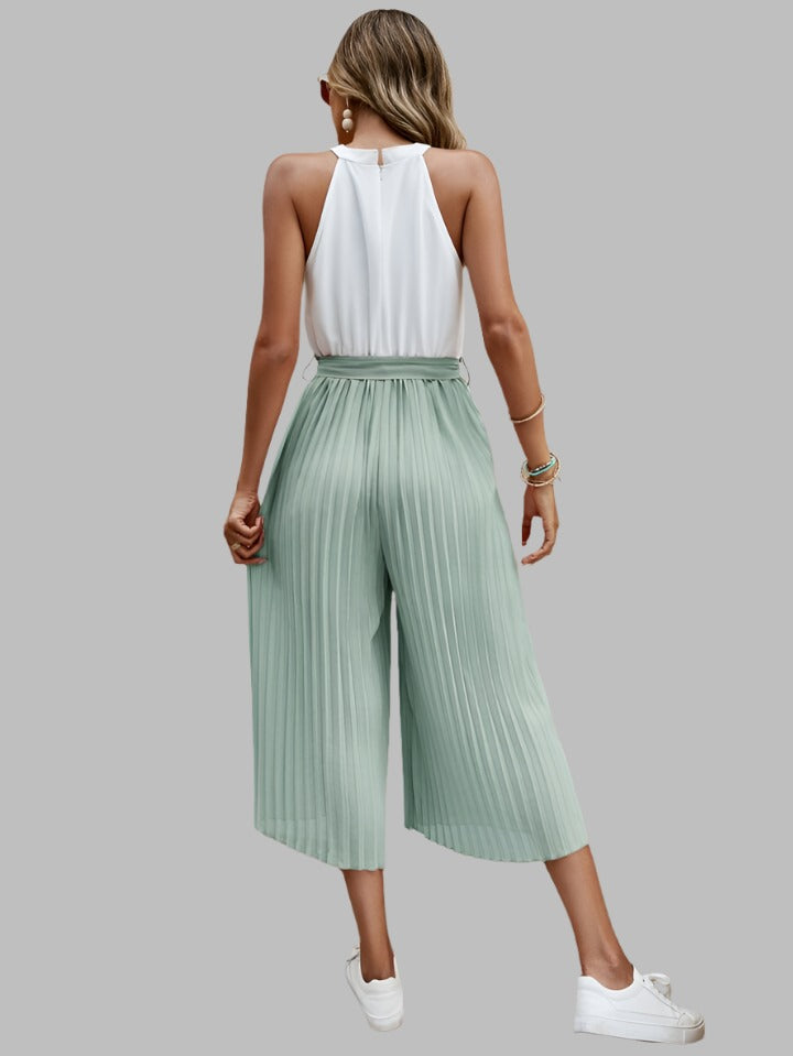 Two Tone Pleated Belted Jumpsuit with black belt