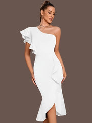 Elegant Ruffles Long Side Slit Midi Dress