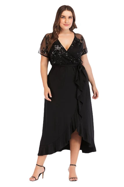 Sequence lace midi wrap dress