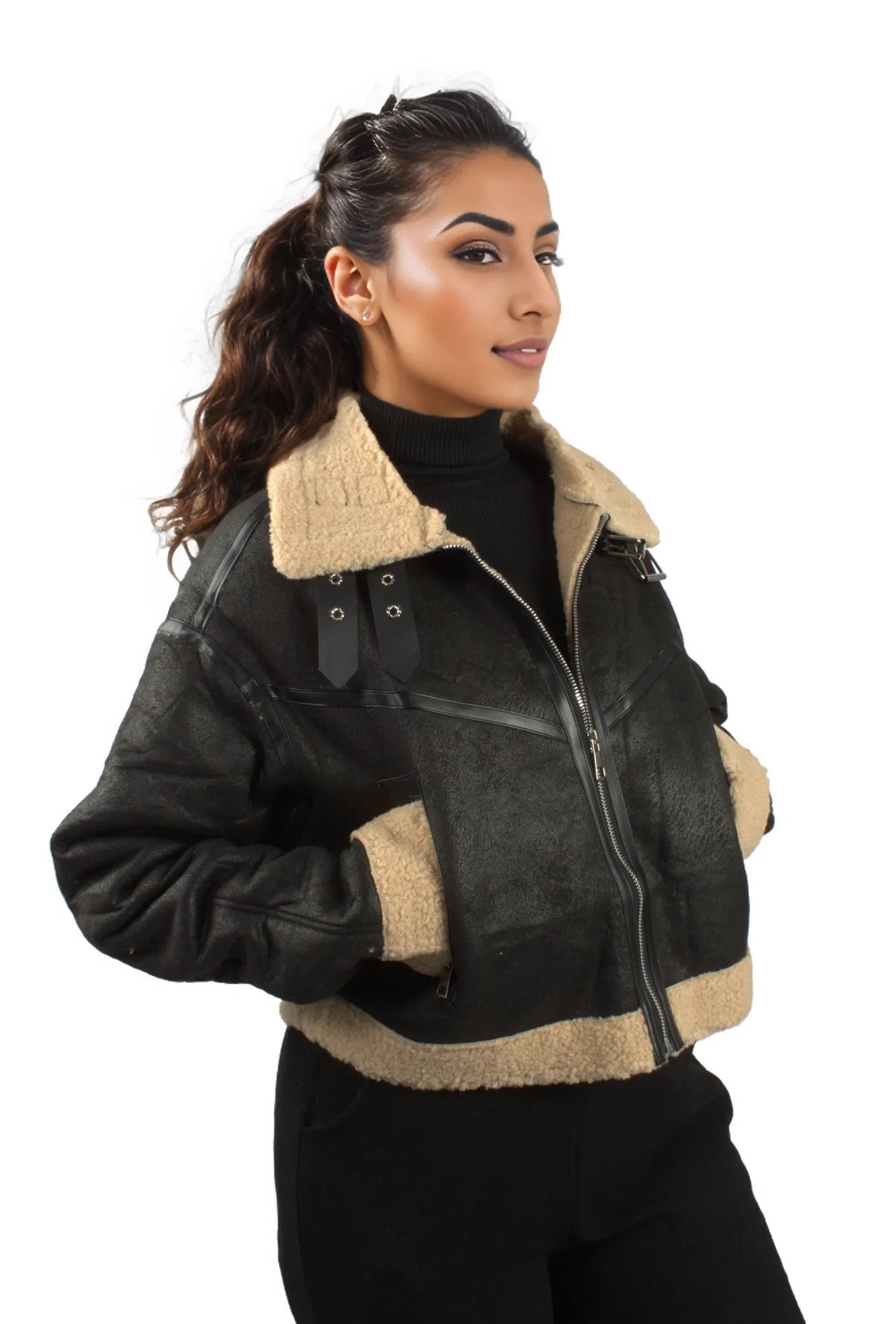 Teddy Lined Zip Up PU Leather Jacket