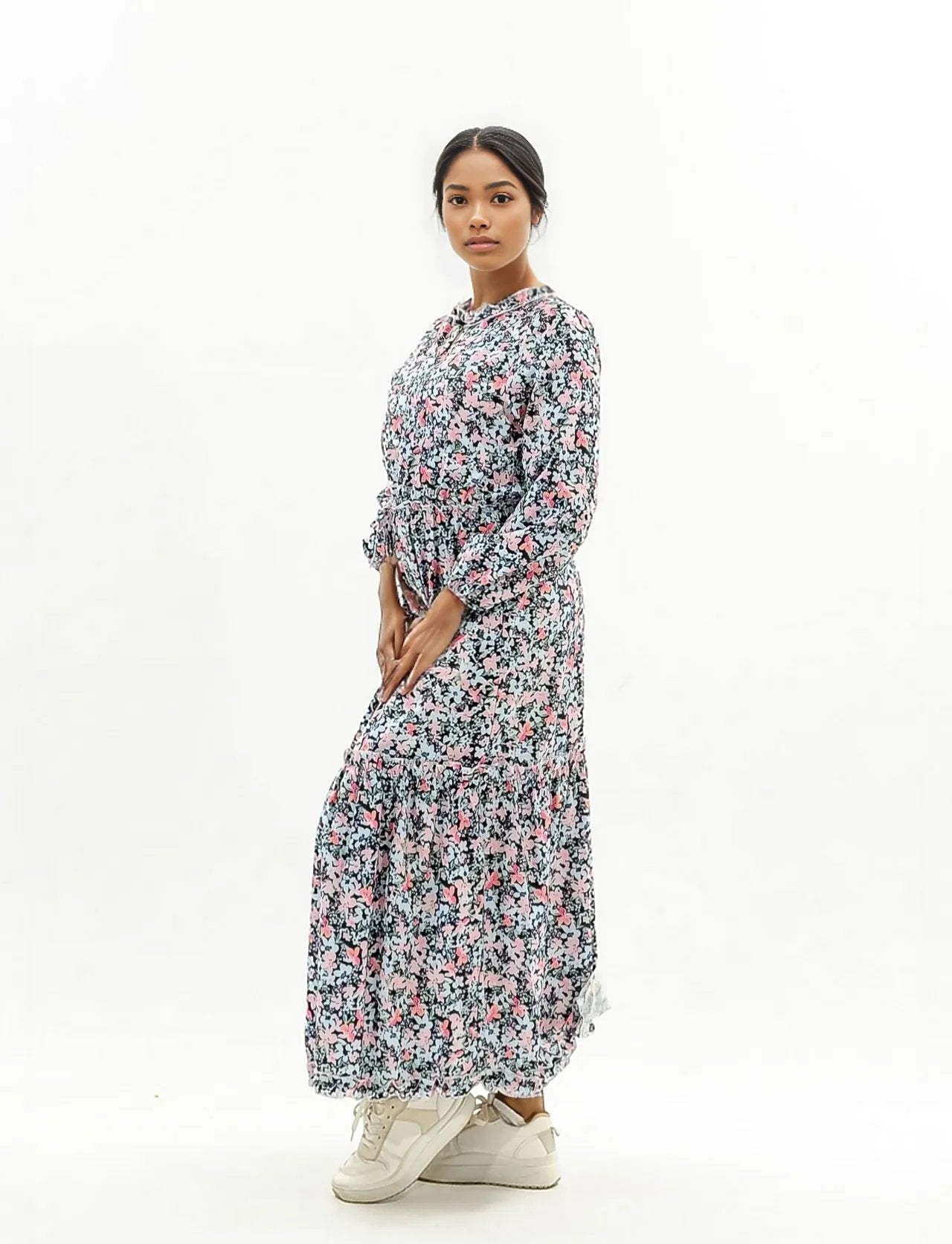 Floral Printed Long Sleeve Ruffle Dress