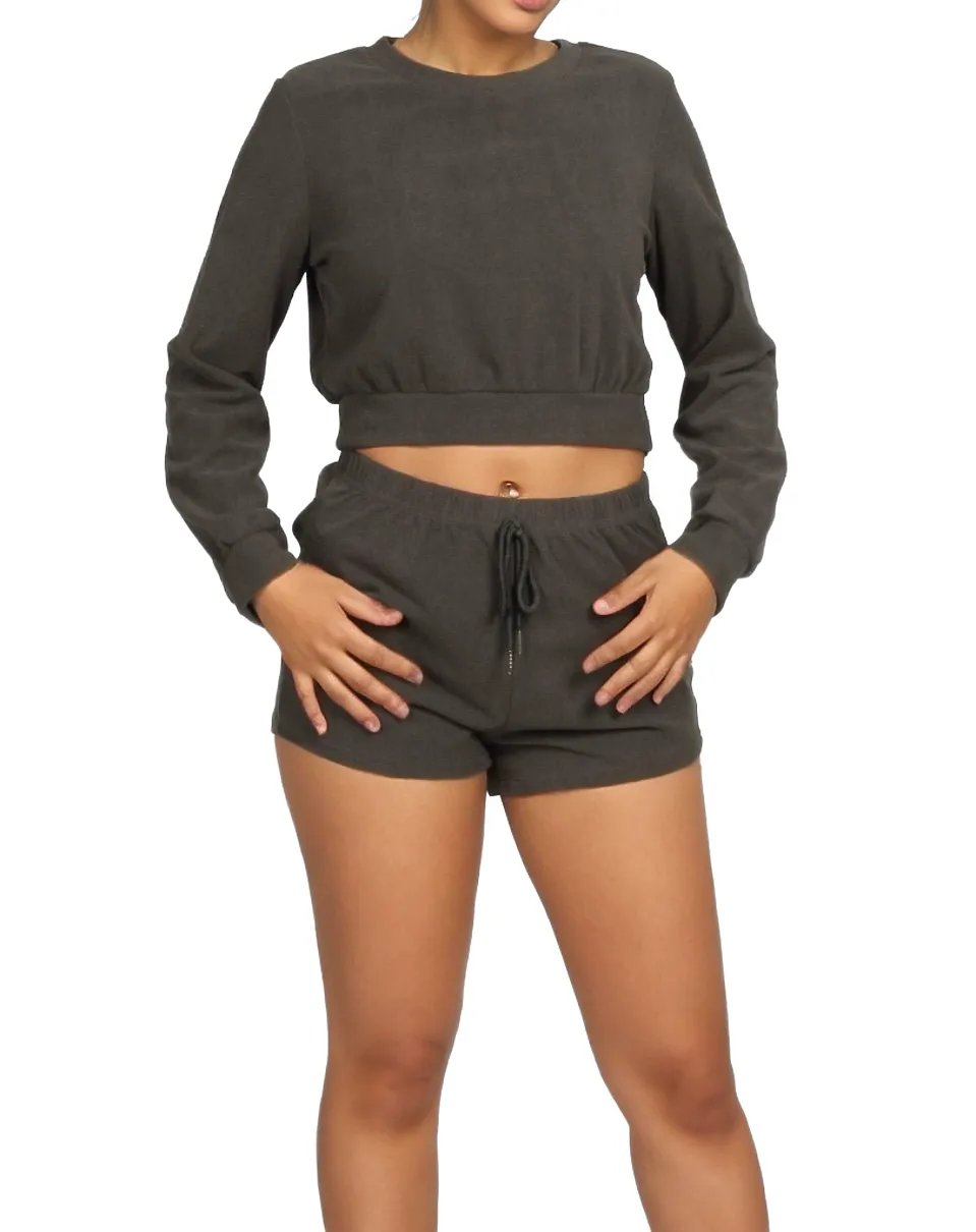 Solid Pullover & Tie Front Shorts Lounge Set