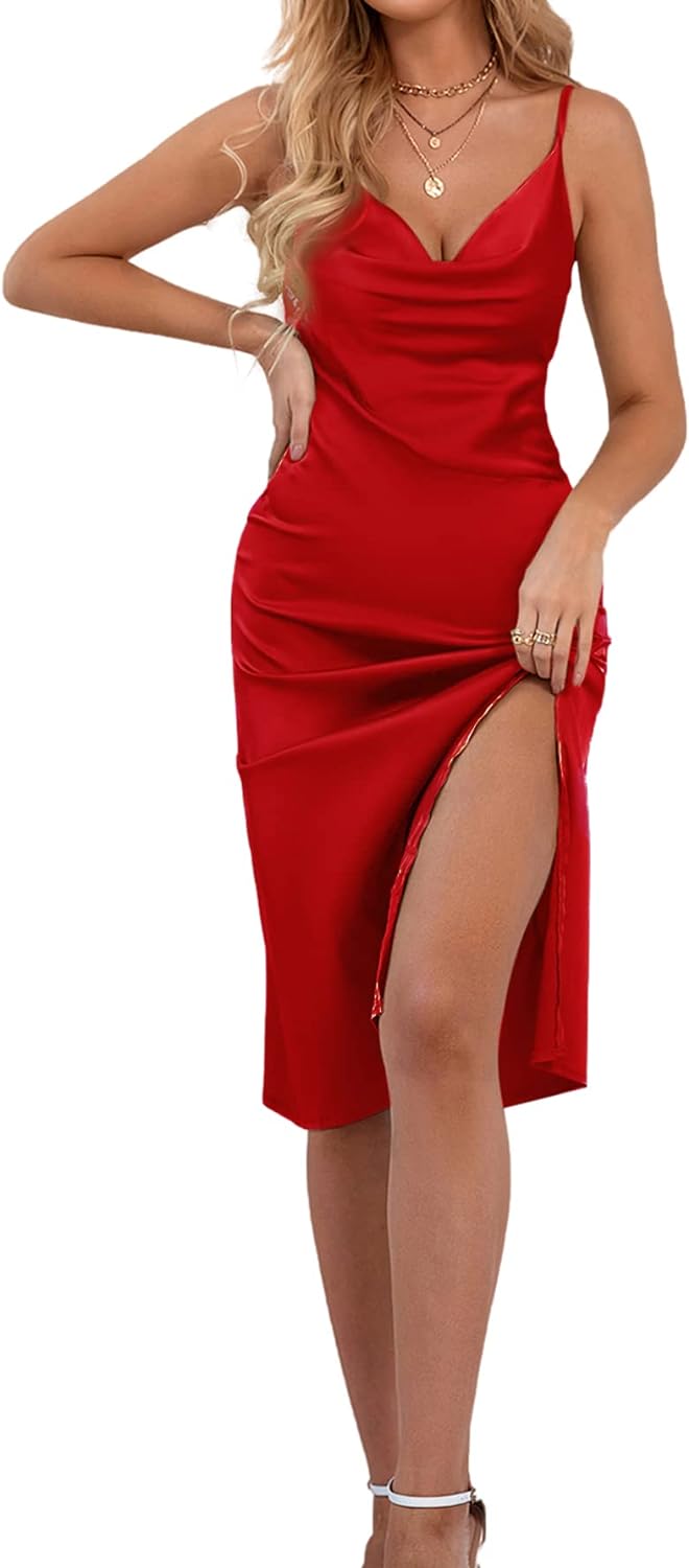 Satin Draped Cowl Neck Sleeveless midi Dress