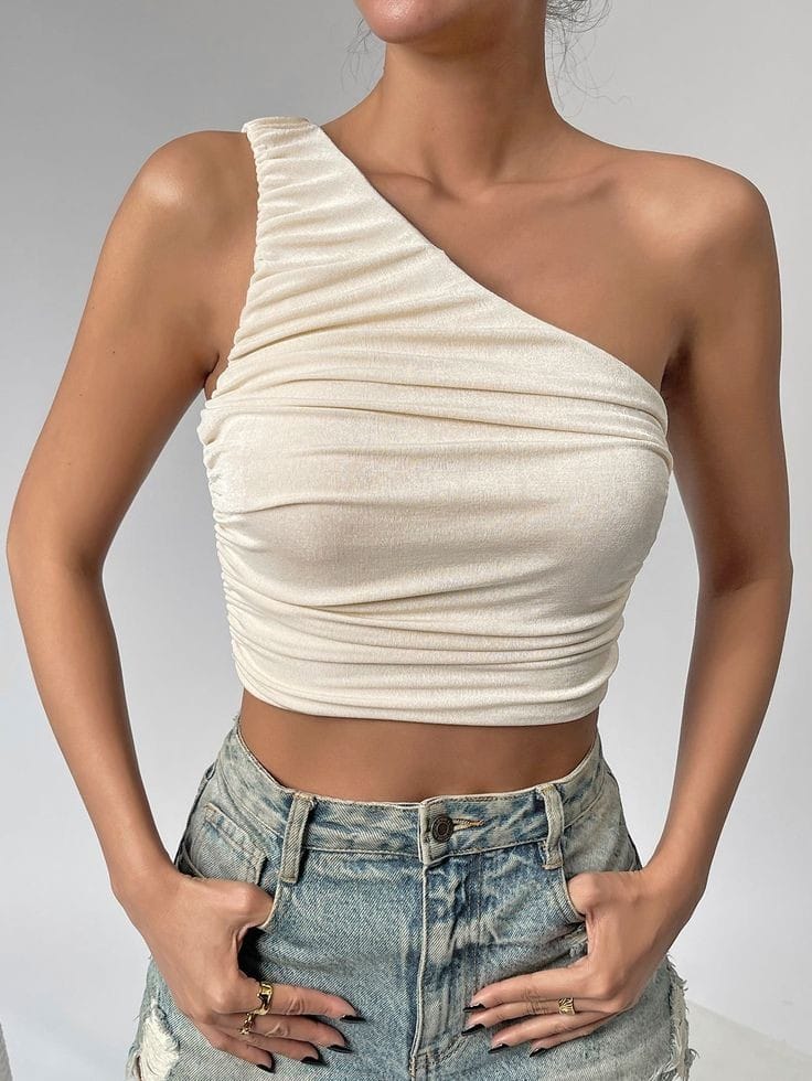 One Shoulder Ribbed Knitted Ruched Crop Top
