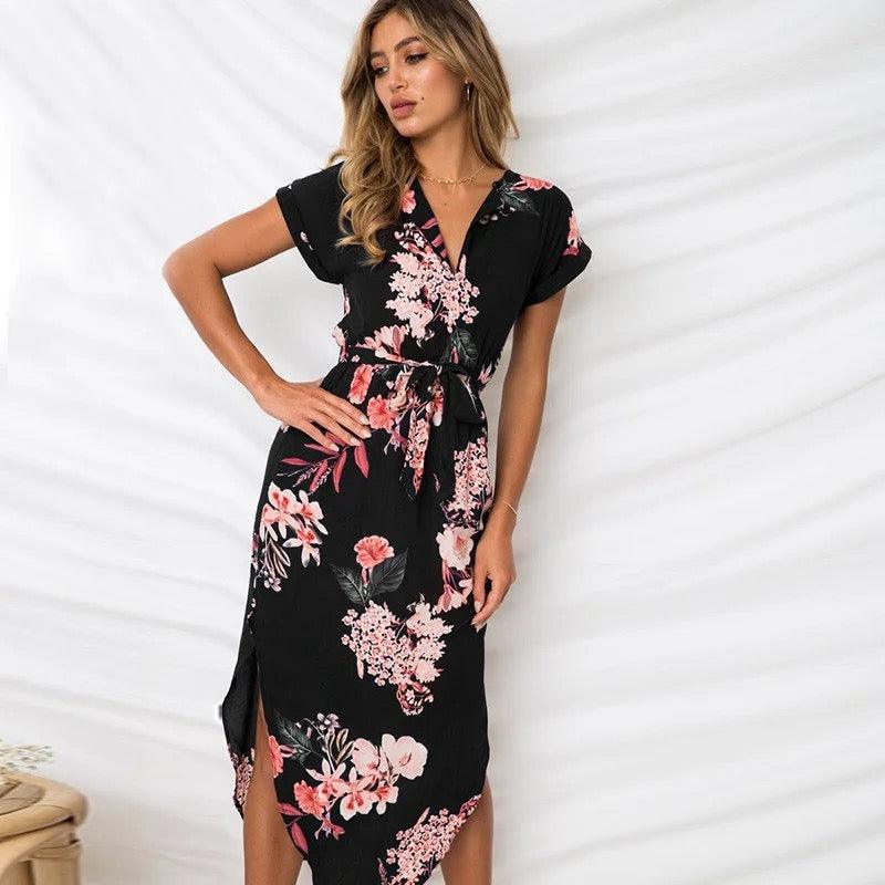 Floral Print Beach Dress With Belt - XD21