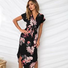 Floral Print Beach Dress With Belt - XD21
