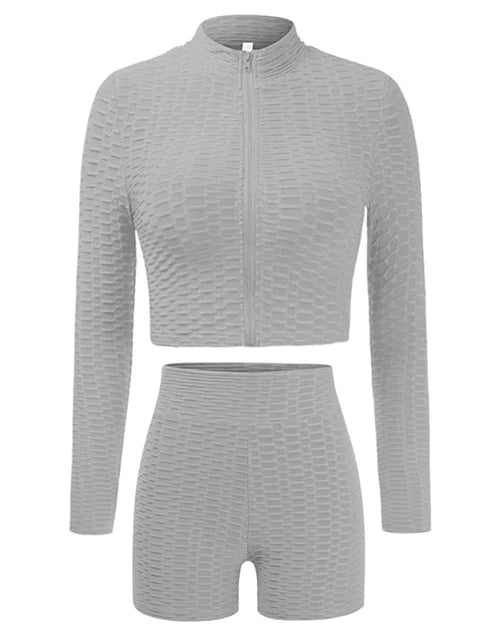Honeycomb textured zipper crop jacket and shorts - XD21