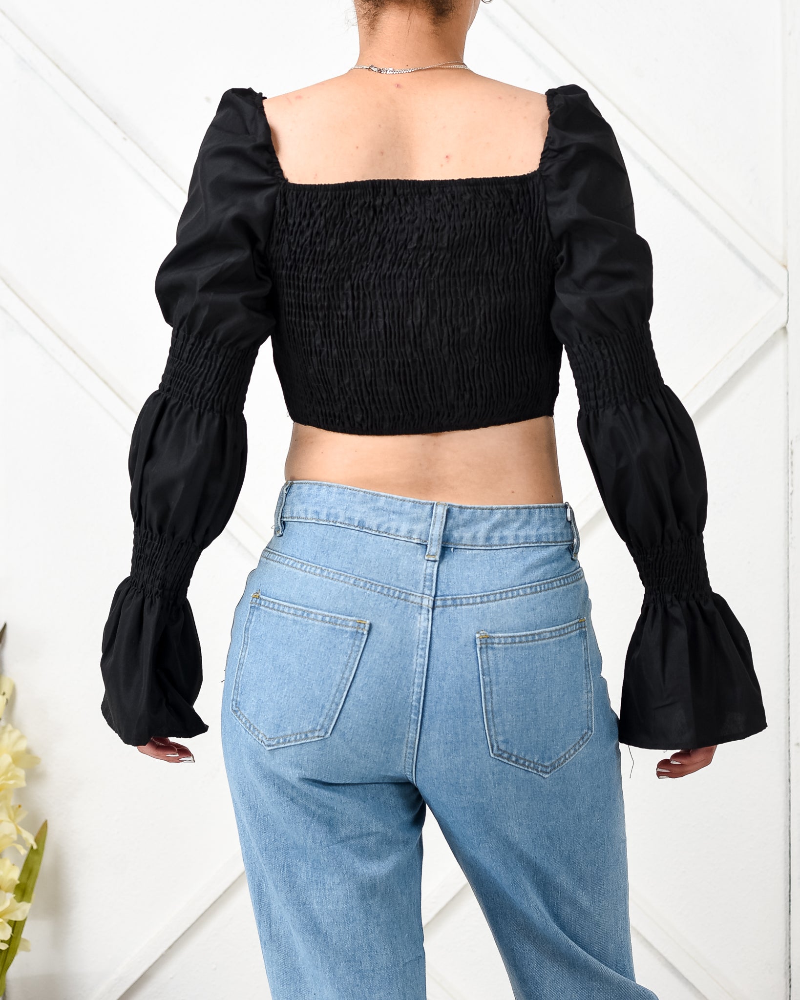 Square neck tie front puff sleeve blouse