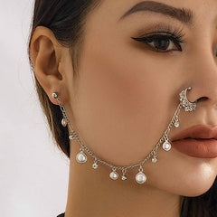 Nose Ring Chain Pearl Rhinestone Tassel Dangle Nose Ring Hoop