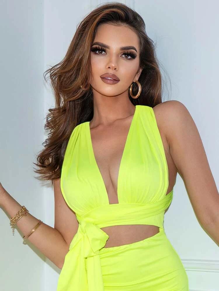Neon Yellow Drawstring Ruched Backless Dress