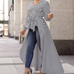 Stripe Long Sleeve Blouse Shirt V-Neck Maxi Dress Tunic