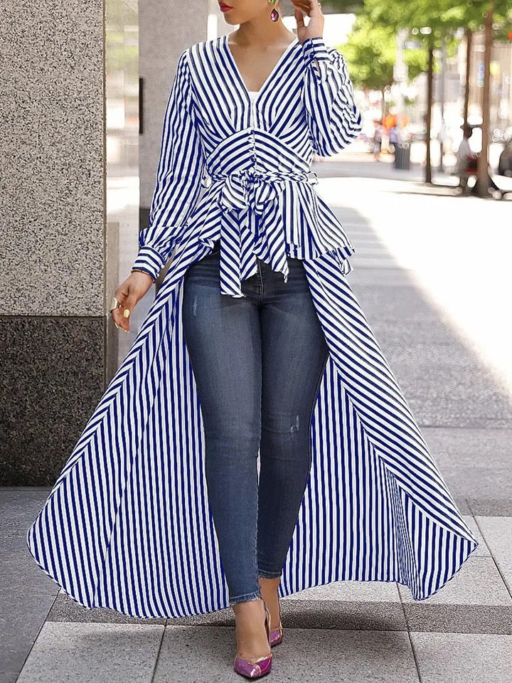 Stripe Long Sleeve Blouse Shirt V-Neck Maxi Dress Tunic