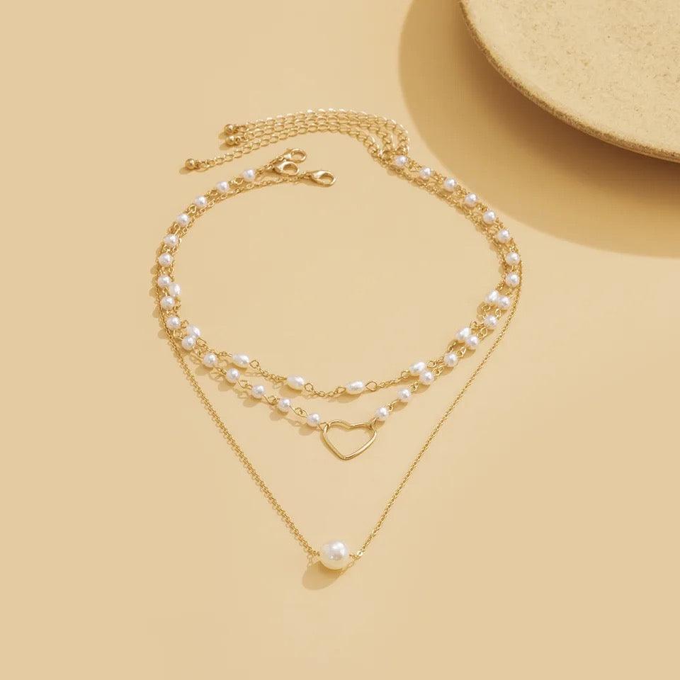Multi Layer Pearl Peach Heart Pendant Necklace - XD21