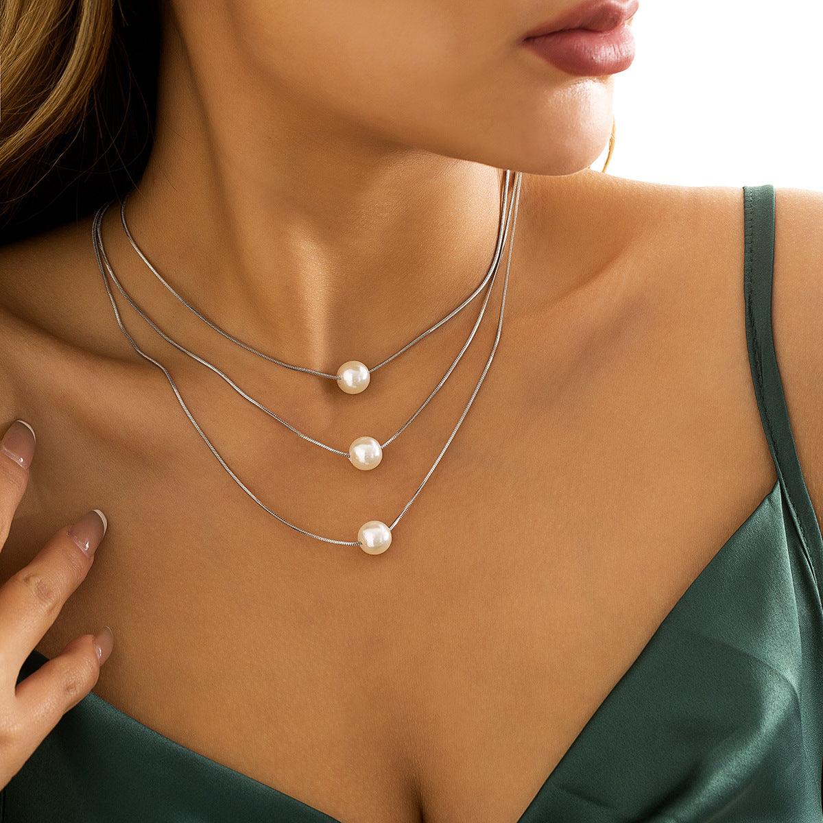 multi-layer twin pearl pendant necklace - XD21