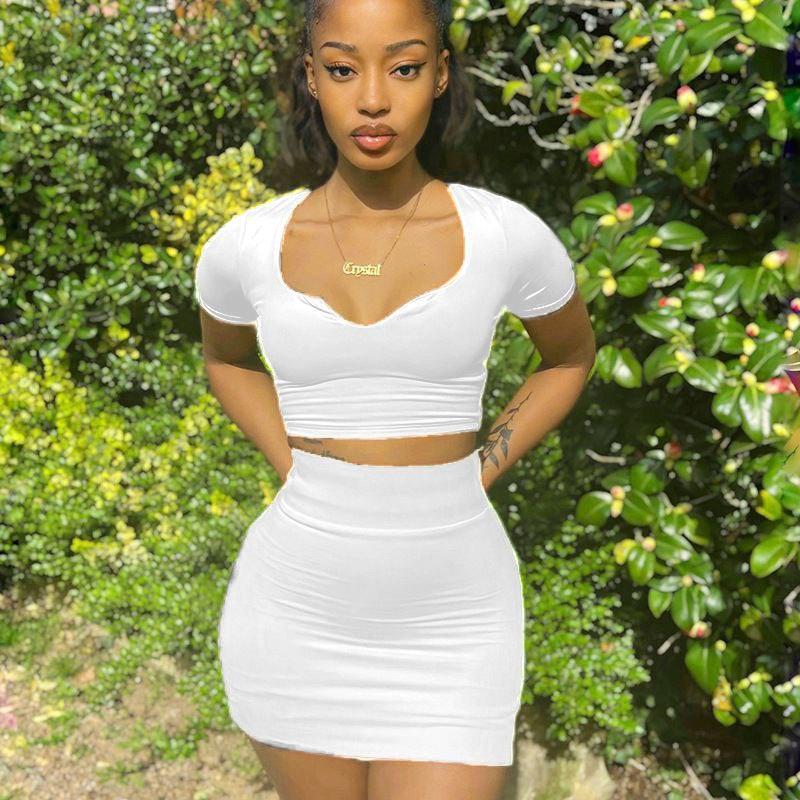Two Piece Bodycon Mini Skirt and Low Cut Crop Top