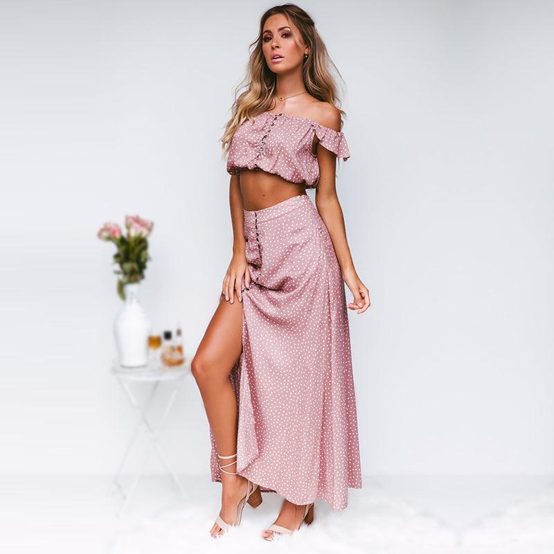 Satin Crop top front slit maxi skirt set - XD21