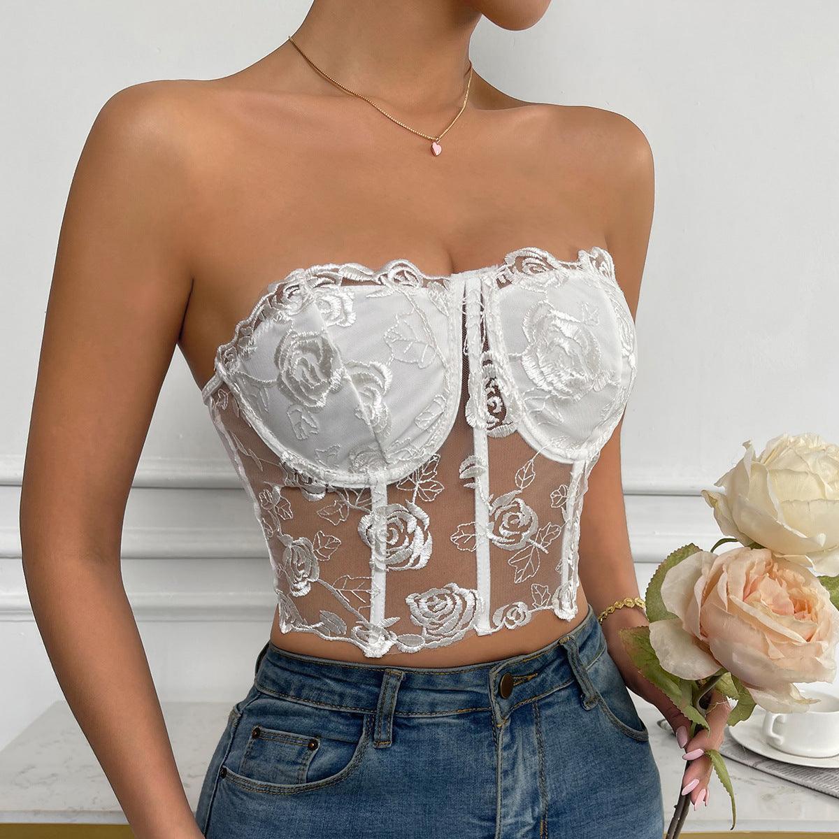 Tube Top Embroidery Flower See Through Off Shoulder Lingerie Top - XD21