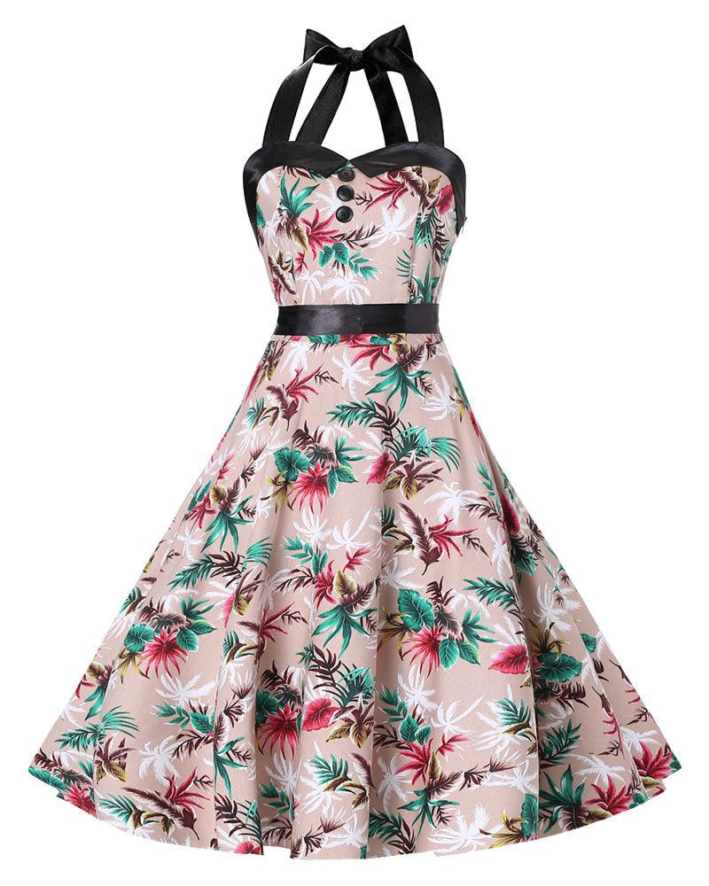 Vintage Floral Bodycon Halter Dress - XD21