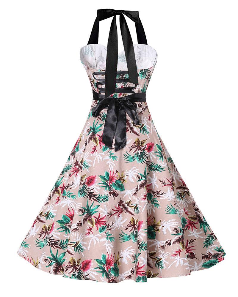Vintage Floral Bodycon Halter Dress - XD21