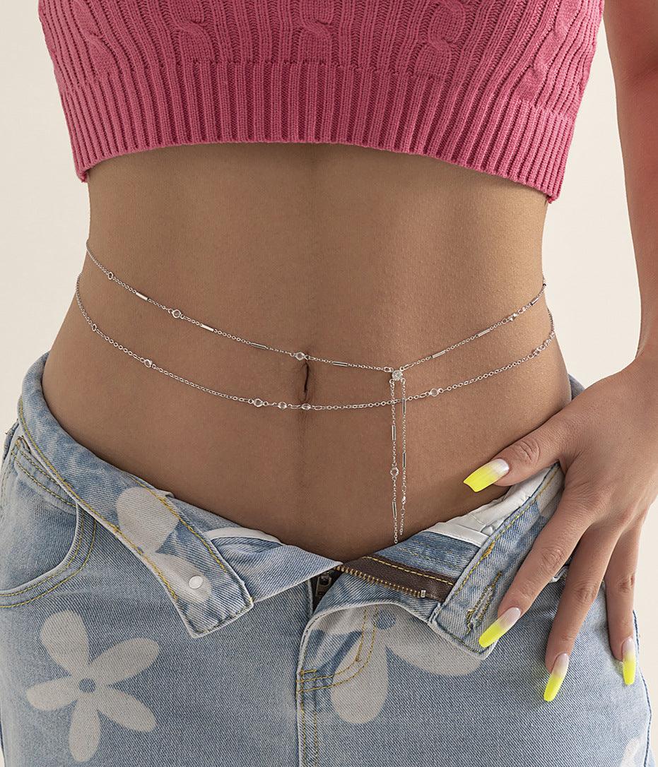 Graceful and fashionable double-layer copper-clad iron chain hip hop phants zipper body chains European and American imitation Crystal adjustable hot girl waist chain - XD21